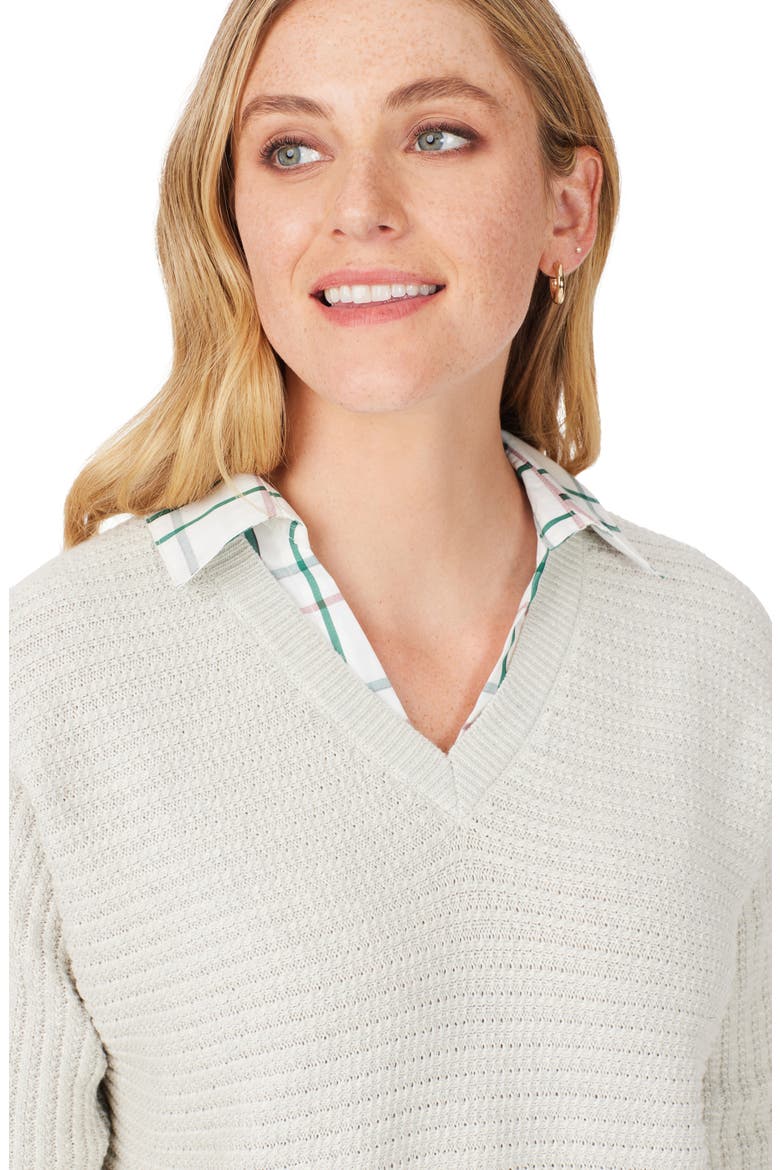 Layered Plaid Trim Cotton Sweater, Alternate, color, IVORY MULT