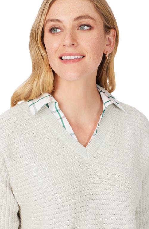 Foxcroft Layered Plaid Trim Cotton Sweater In Ivory Multi