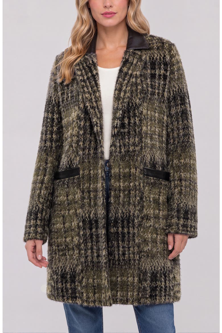 Faux Leather Trim Plaid Sweater Coat, Main, color, OLV/ BLK MLT PLD