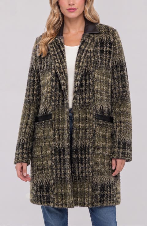 Faux Leather Trim Plaid Sweater Coat