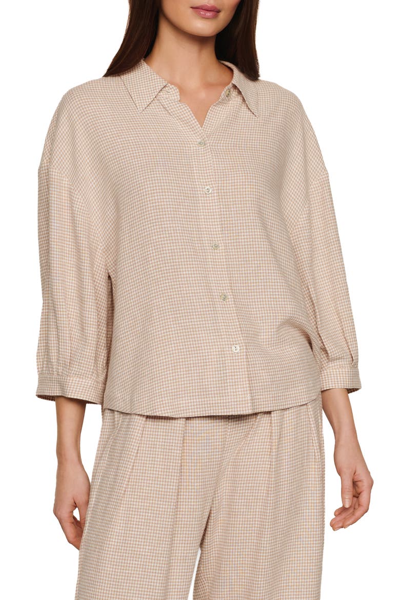 Relaxed Linen Blend Button-Up Sleep Shirt, Main, color, GINGHAM WHITE/ WARM TAUPE