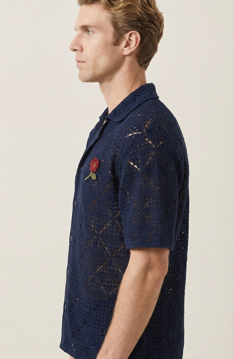 Modenaire Open Knit Short Sleeve Shirt, Alternate, color, Navy Blue