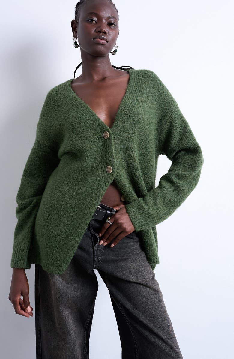 Topshop Easy V-Neck Longline Cardigan, Main, color, Khaki Green