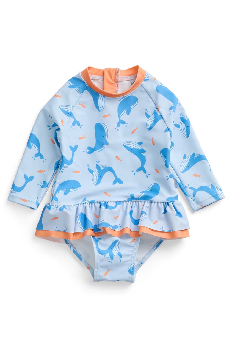 Frill Long Sleeve Swimsuit, Main, color, Blue Whale Print