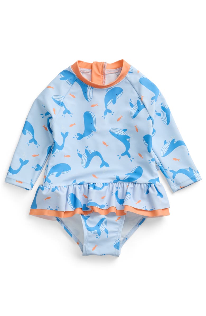 MORI Frill Long Sleeve Swimsuit, Main, color, Blue Whale Print