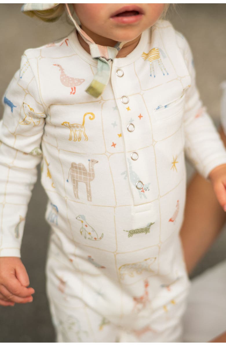 Pehr Long Sleeve Organic Cotton Henley Romper, Alternate, color, Animal Shuffle