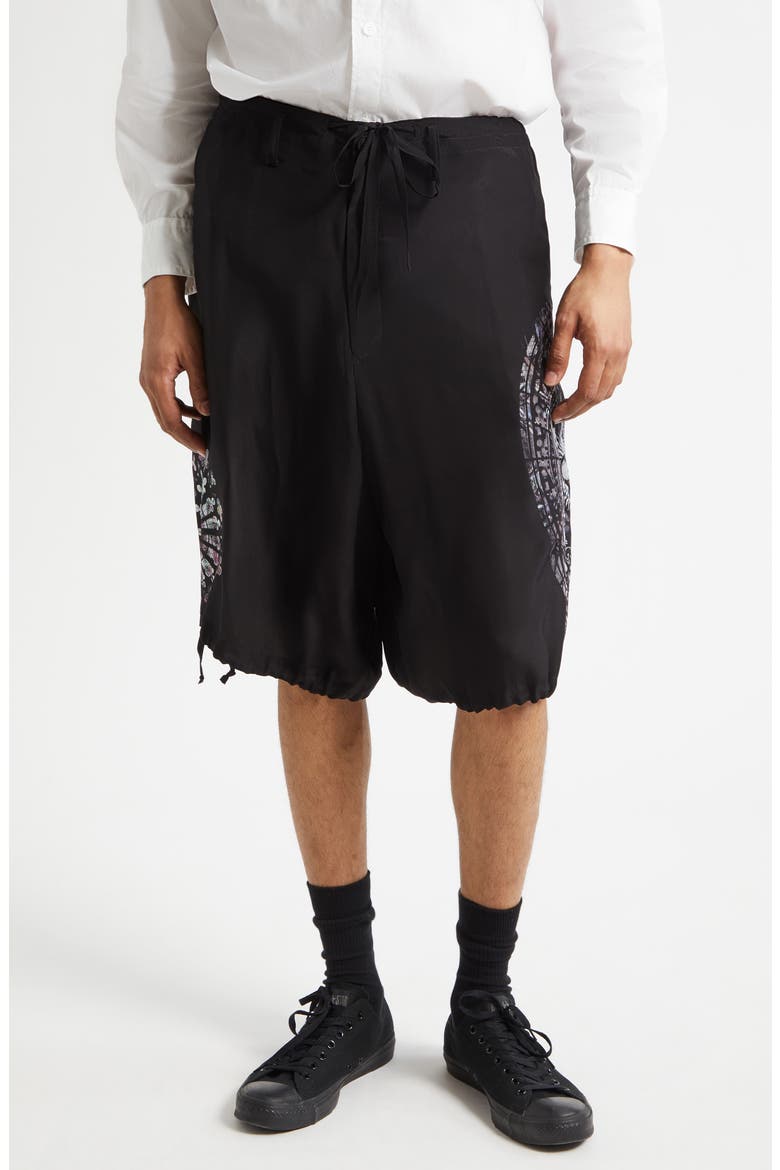 Asymmetric Print Silk Shorts, Main, color, BLACK