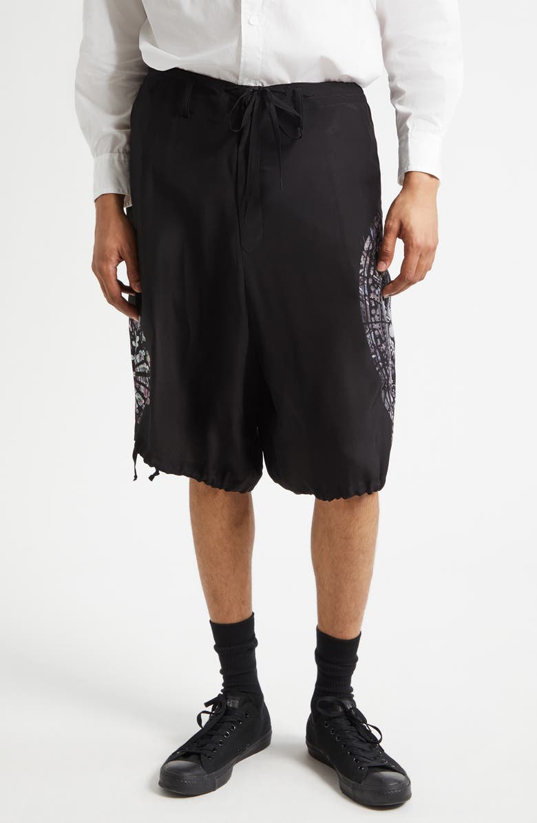 Yohji Yamamoto Asymmetric Print Silk Shorts, Main, color, Black