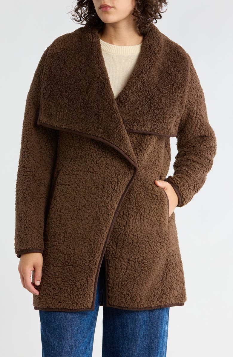 Lucky Brand Envelope Collar Faux Shearling Coat, Main, color, Dark Brown