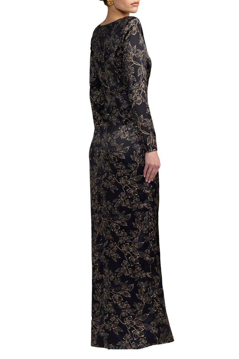 Floral Printed Long Sleeve Gown With Bow, Alternate, color, Black Multi