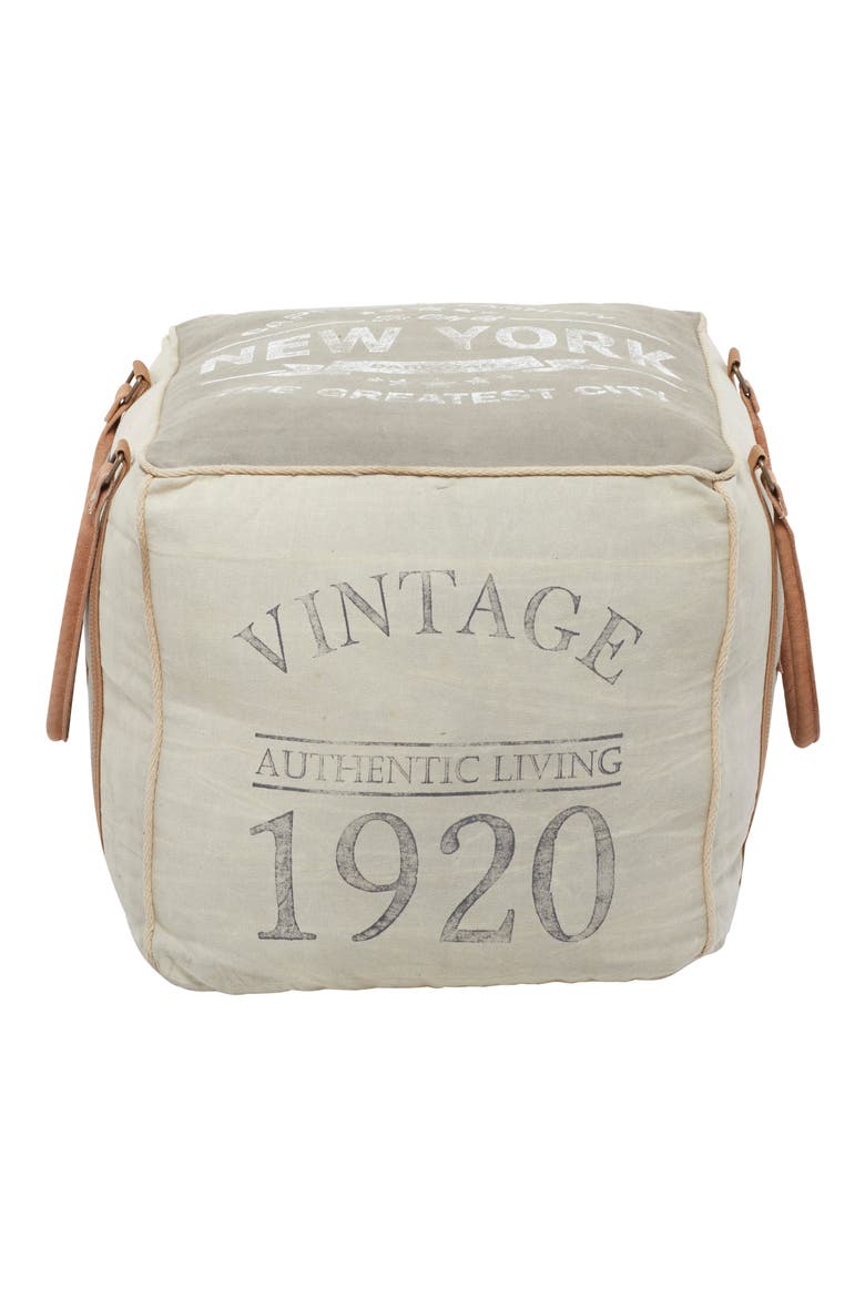 Cream Canvas Pouf with Leather Handles, Main, color, GREY