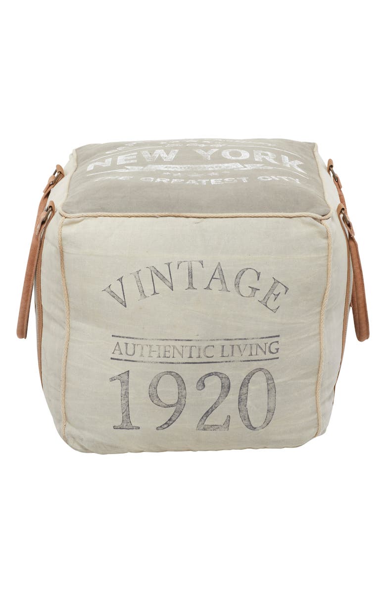 SONOMA SAGE HOME Cream Canvas Pouf with Leather Handles, Main, color, 