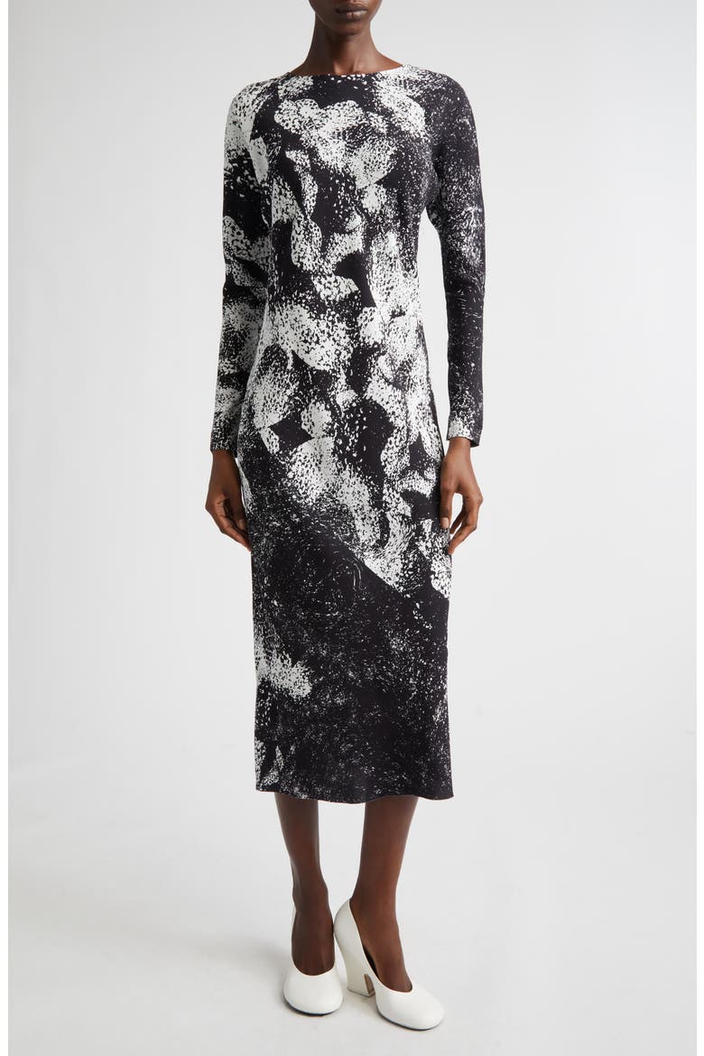 Davion Abstract Floral Long Sleeve Midi Dress, Main, color, BLACK