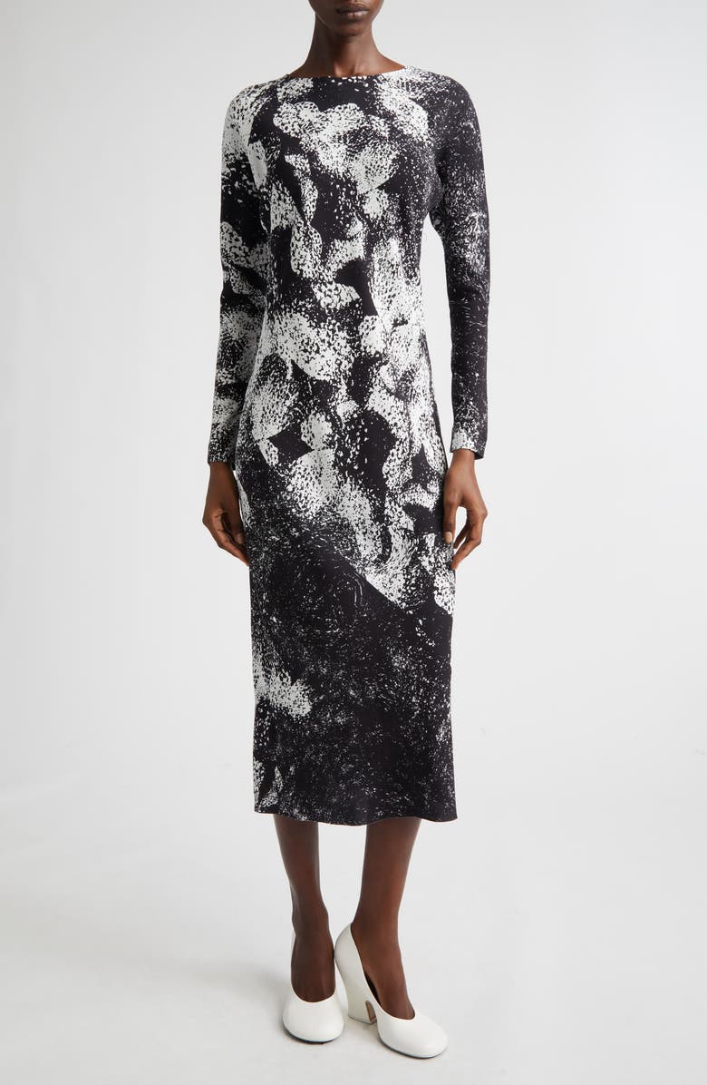 Dries Van Noten Davion Abstract Floral Long Sleeve Midi Dress, Main, color, Black