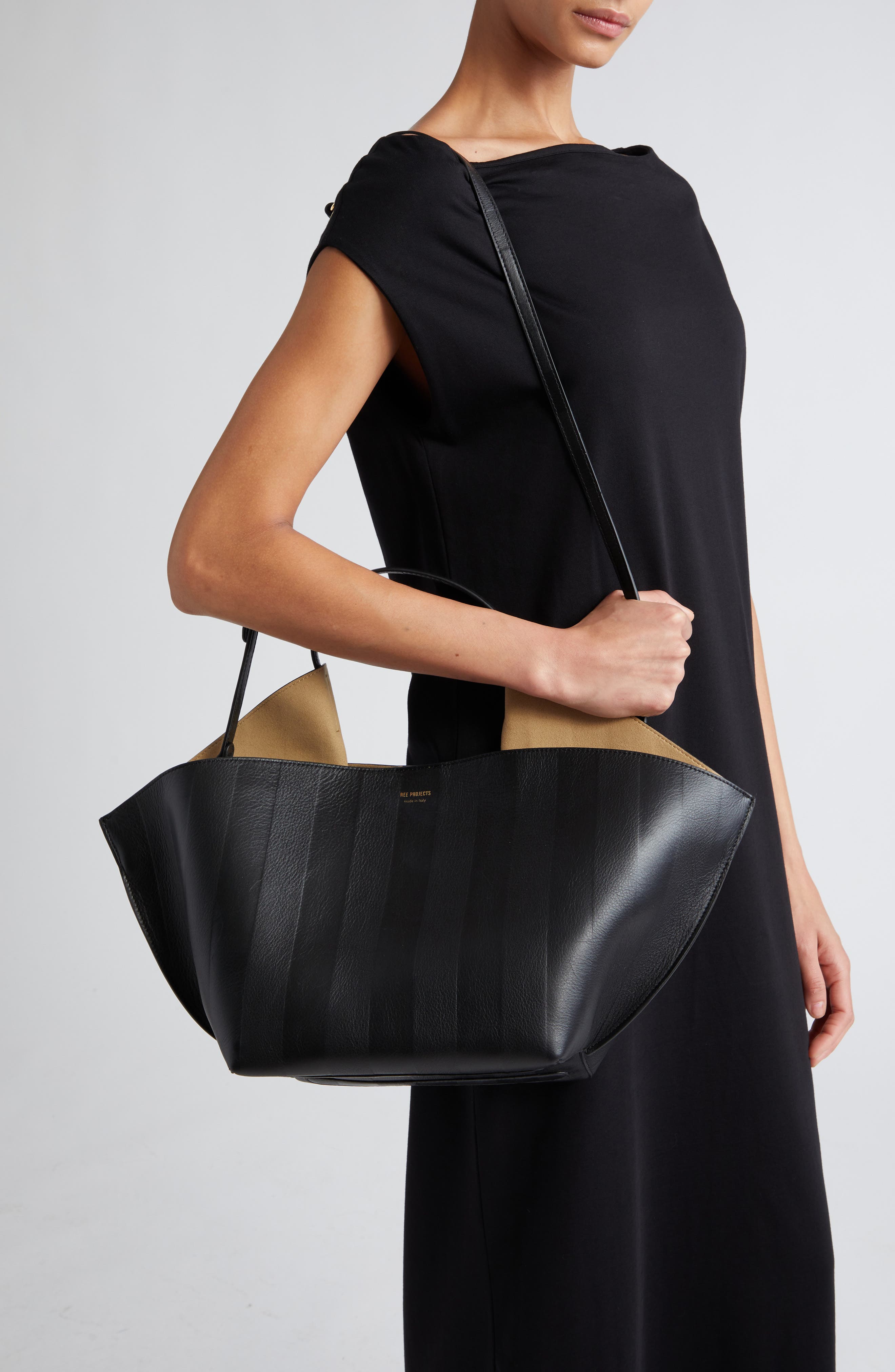 Medium Ann Soft Stripe Embossed Leather Tote, Alternate, color, BLACK