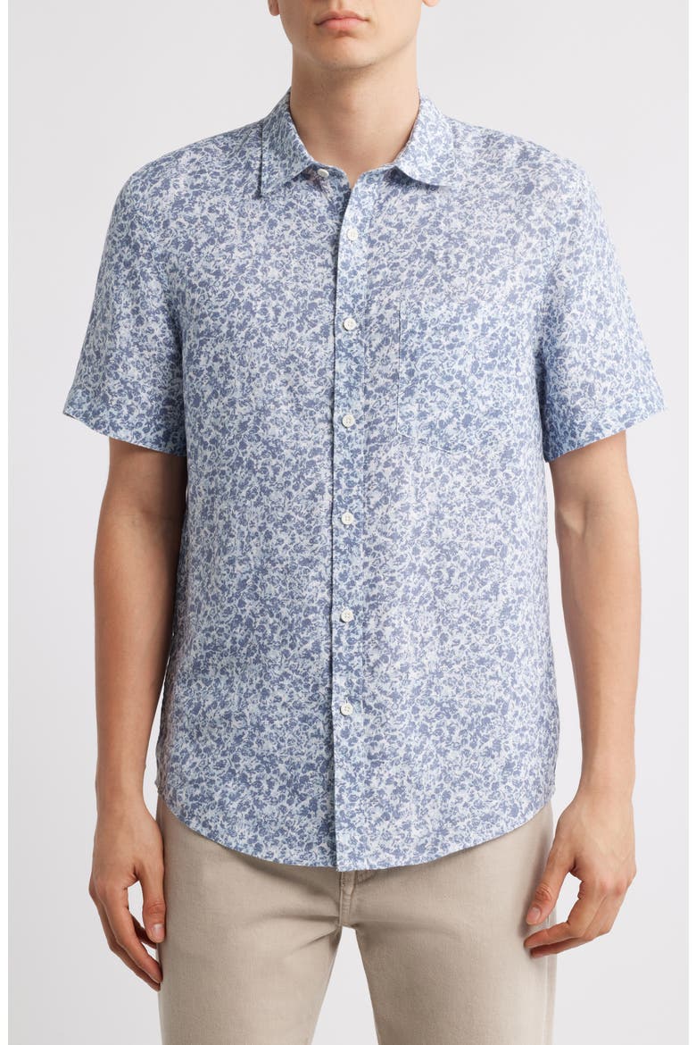 Abstract Print Short Sleeve Linen Button-Up Shirt, Main, color, BLUE QUENTIN DITSY