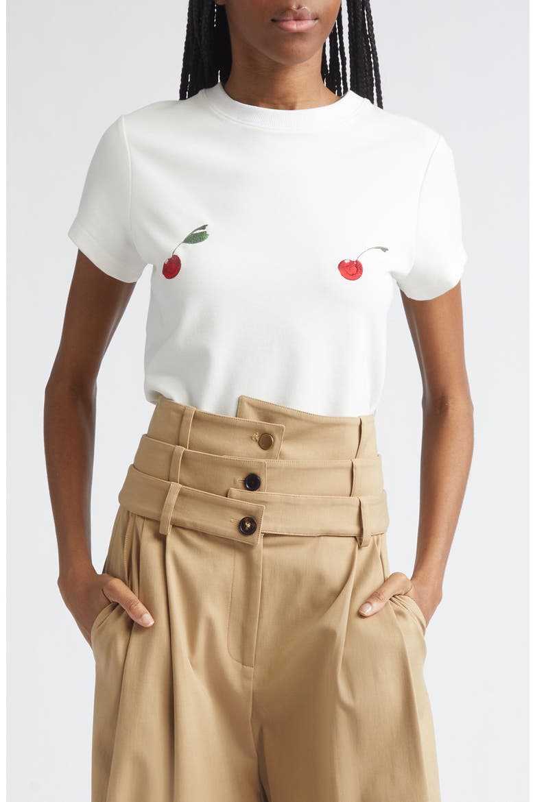 Cheeky Cherry Embroidered Stretch Cotton T-Shirt, Main, color, WHITE