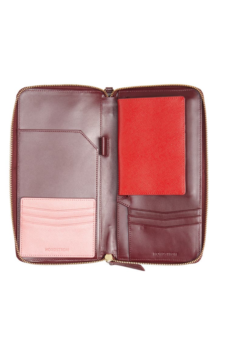Leather Travel Organizer, Alternate, color, BURGUNDY/ PINK/ RED