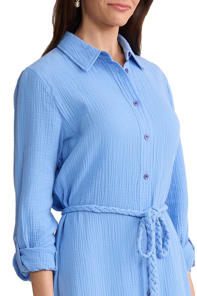 Braided Belt Long Sleeve Cotton Gauze Midi Shirtdress, Alternate, color, BLUE HORIZON