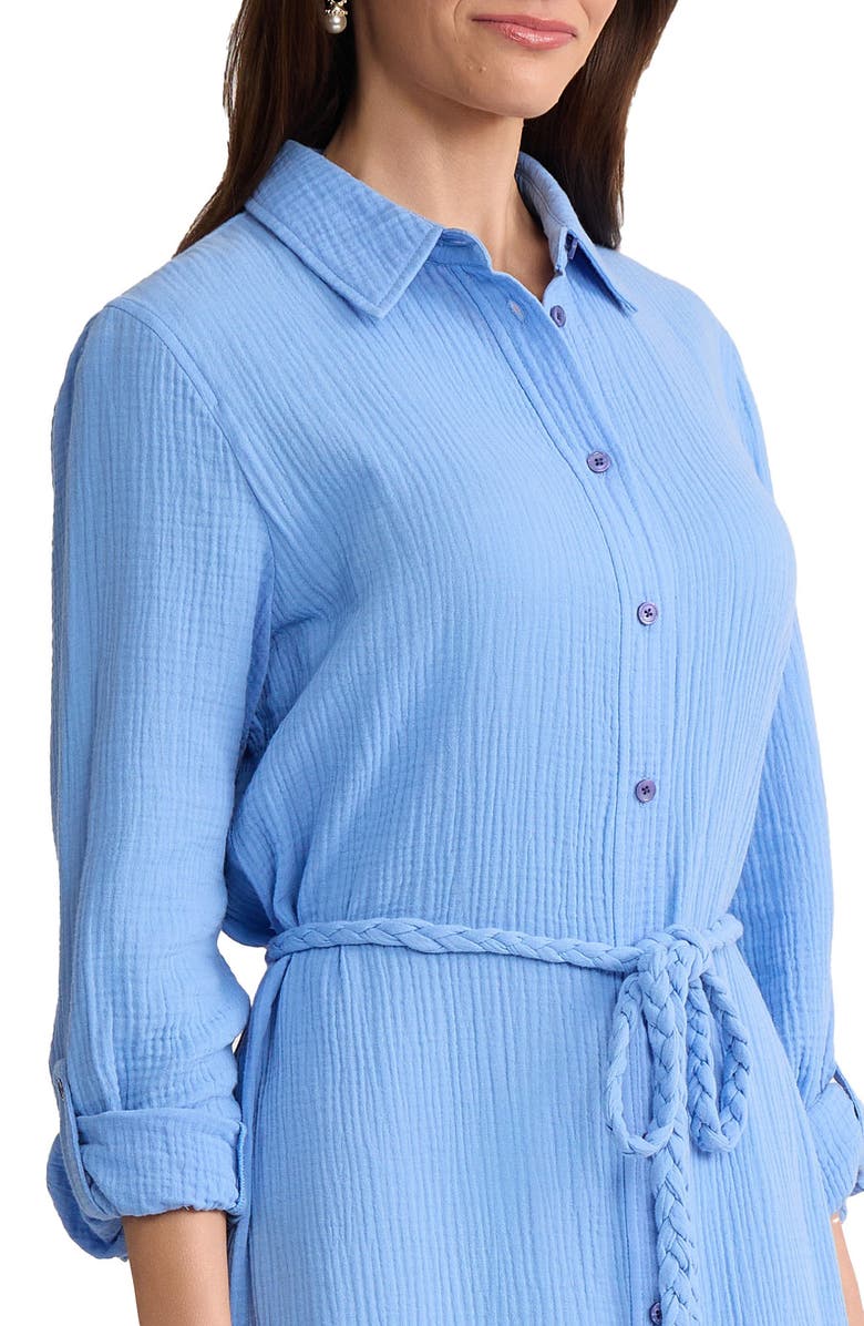 Jones New York Braided Belt Long Sleeve Cotton Gauze Midi Shirtdress, Alternate, color, Blue Horizon
