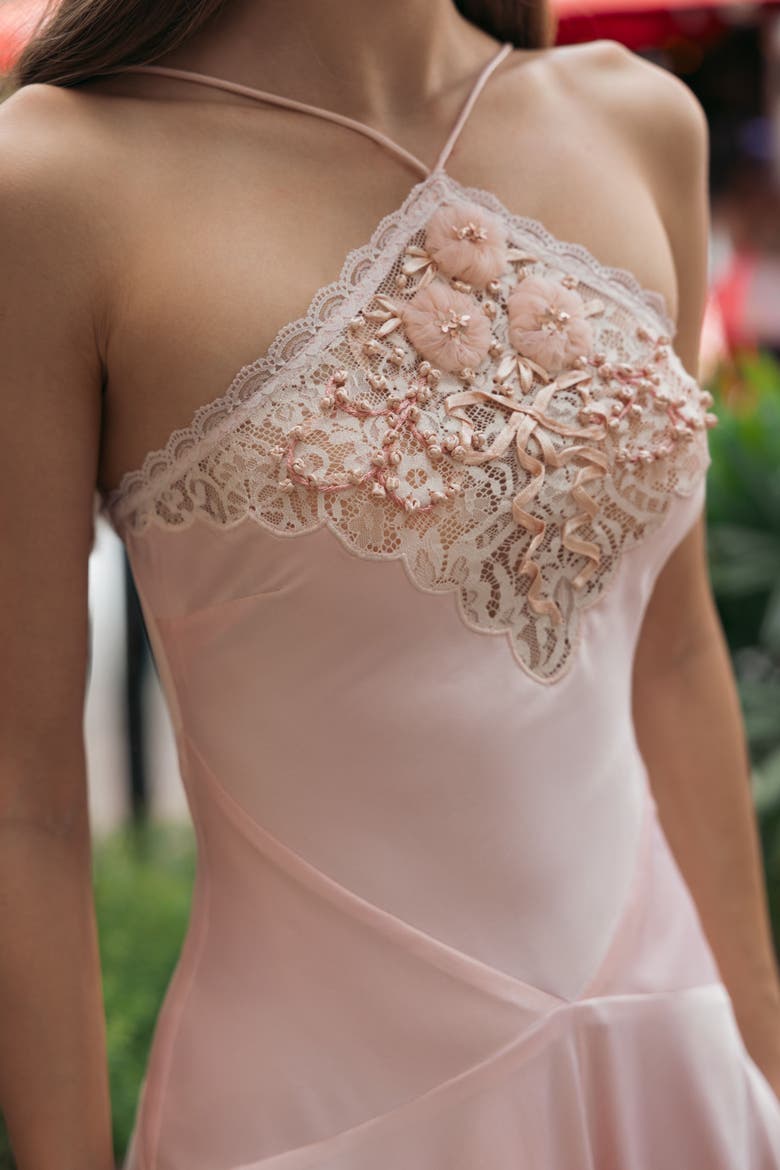 Charmeuse Lace Detail Asymmetrical Hem Midi Dress, Alternate, color, Ballet Slipper