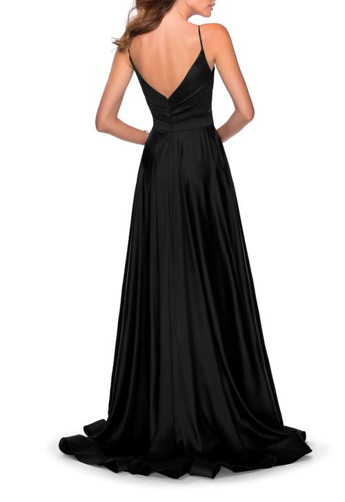 La Femme Long Satin Dress With Side Slit And V Shaped Back In Black