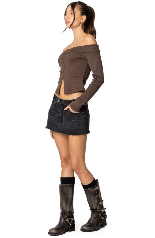 Edikted Clementine Low Rise Raw Hem Denim Miniskirt In Black-washed