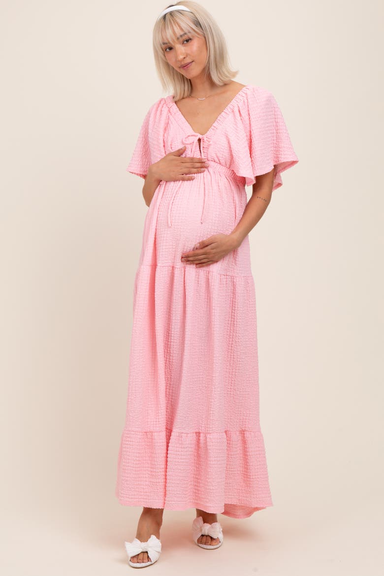 Woven Textured Flutter Sleeve V-Neck Tiered Maxi Dress, Alternate, color, Light Pink