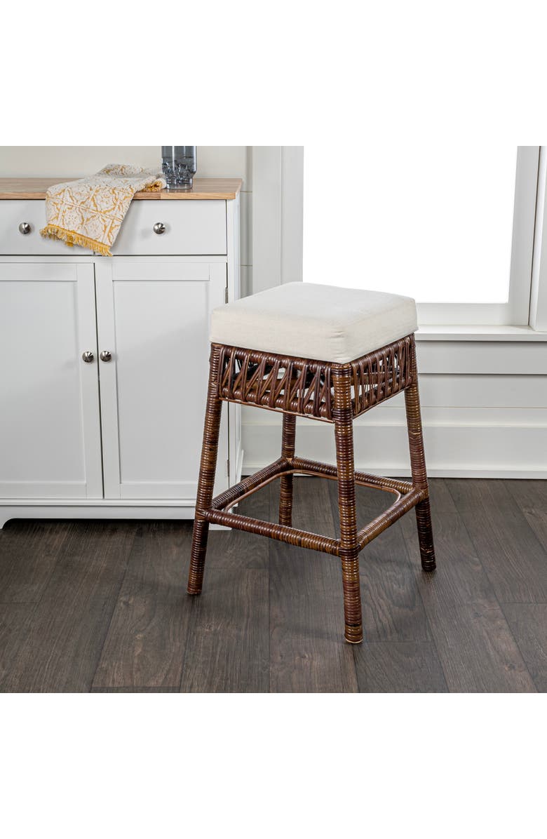 JONATHAN Y Bali Rattan Backless Counter Stool, White Cushion with Woven Frame, Alternate, color, Dark Brown 25.5" Counter Stool