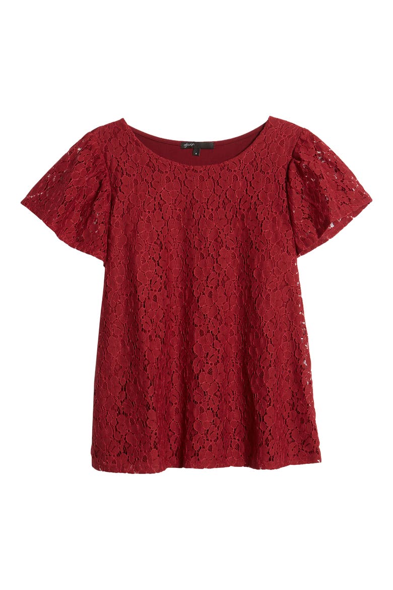 Gibson Glam Flutter Sleeve Lace Front Cotton Blend Top, Alternate, color, BURGUNDY