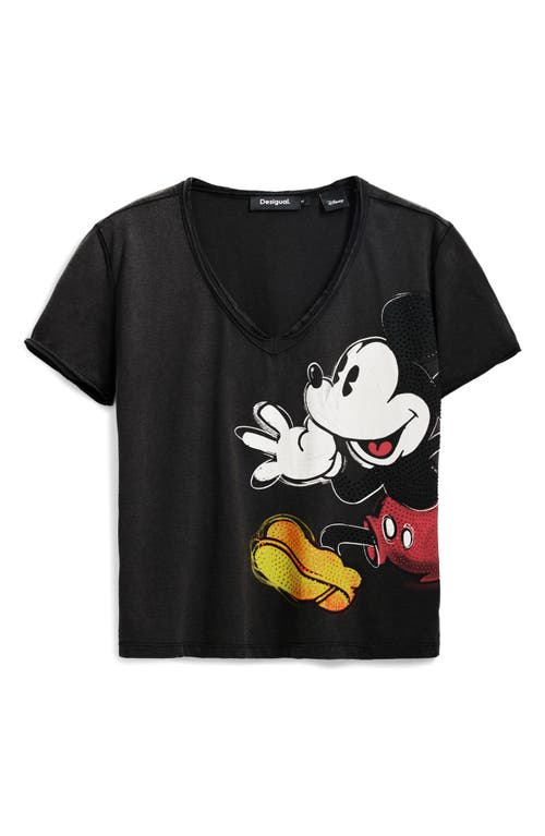 Desigual Mickey Mouse Embellished V-neck T-shirt In Black