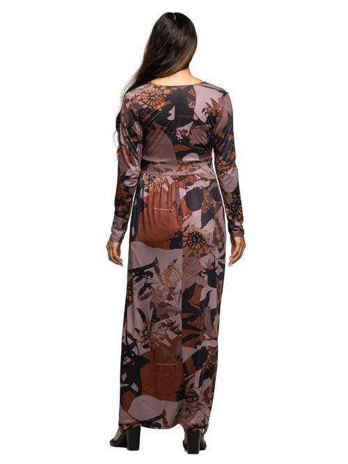 24seven Comfort Apparel Floral Print Long Sleeve Wrap Maxi Dress In Brown
