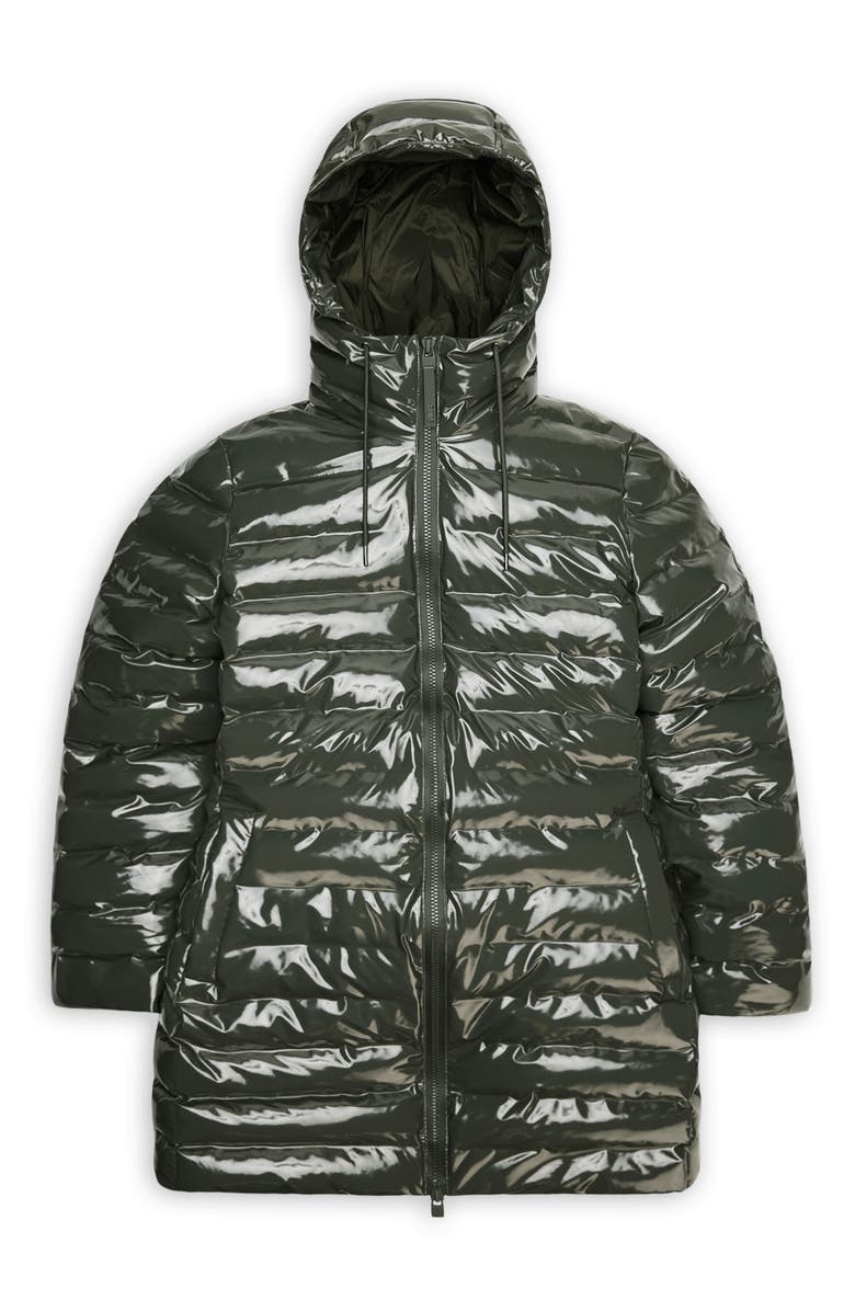 Rains Lohja Curve Waterproof Long Puffer Jacket, Alternate, color, Swamp