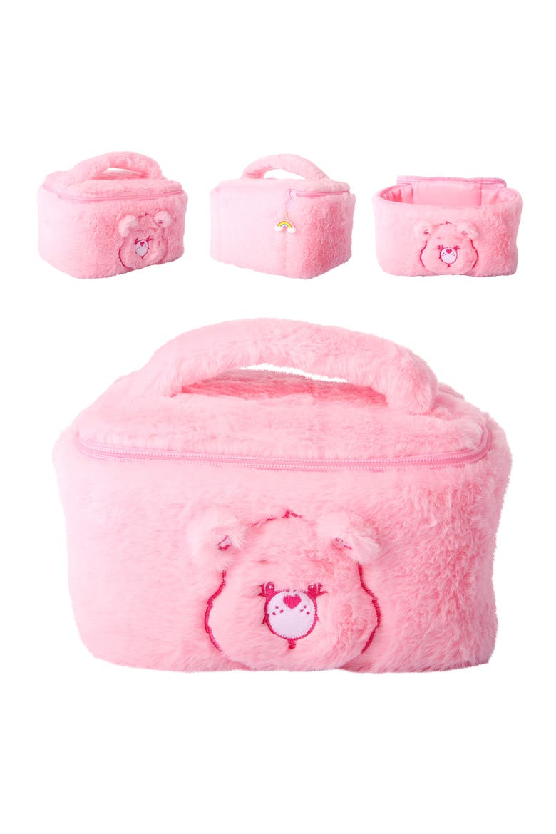 Fluffy Plush Pink Cheer Bear Make Up Bag, Main, color, Pink