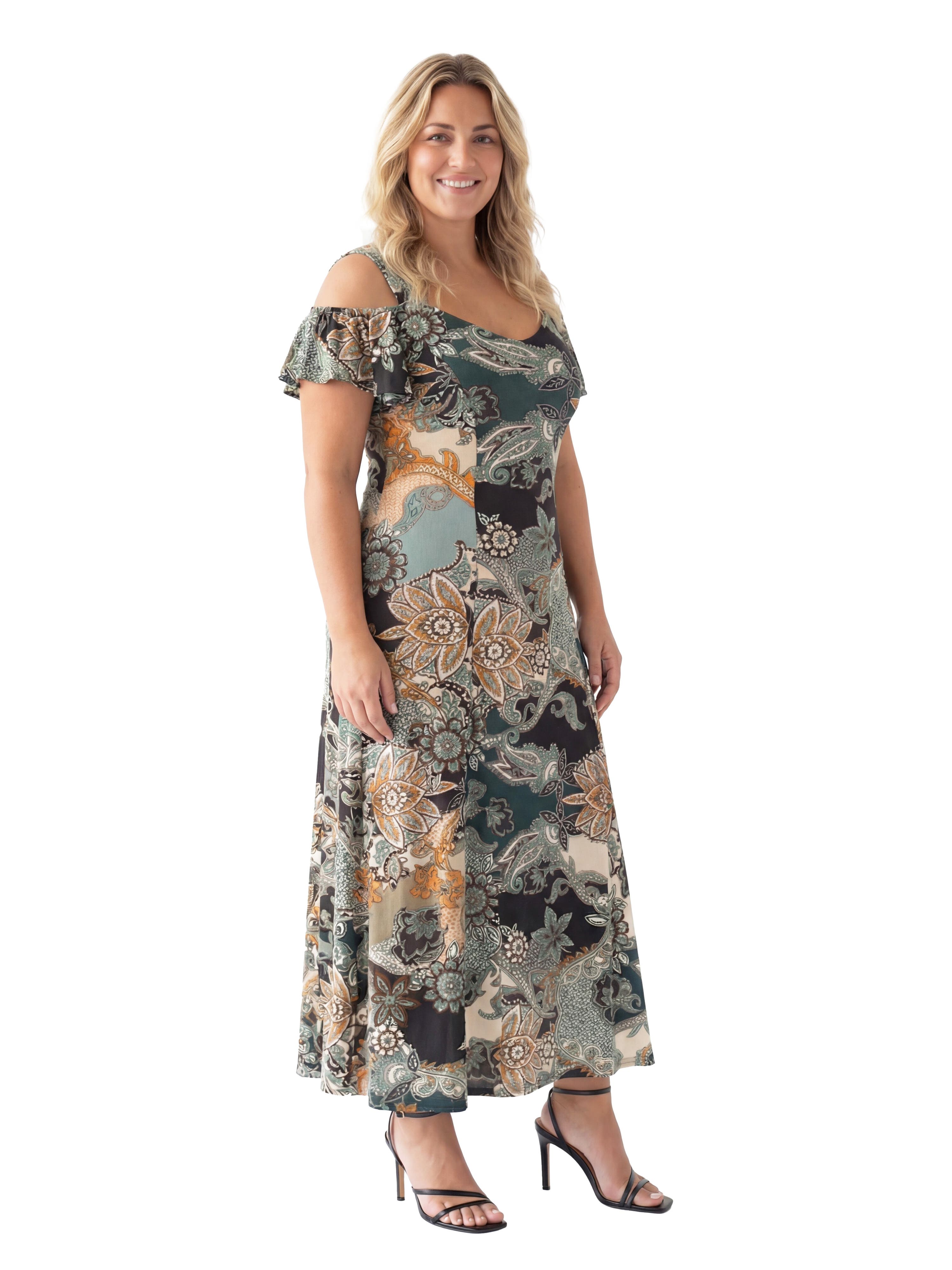 Curvy Elevate Paisley Print Soft V-Neck Cold Sholder Ruffle Sleeve A-Line Maxi Dress - image 2