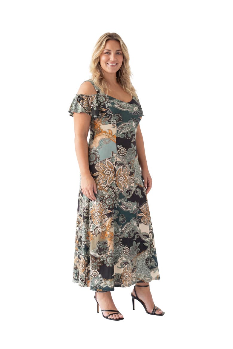 Curvy Elevate Paisley Print Soft V-Neck Cold Sholder Ruffle Sleeve A-Line Maxi Dress, Alternate, color, Green Multi
