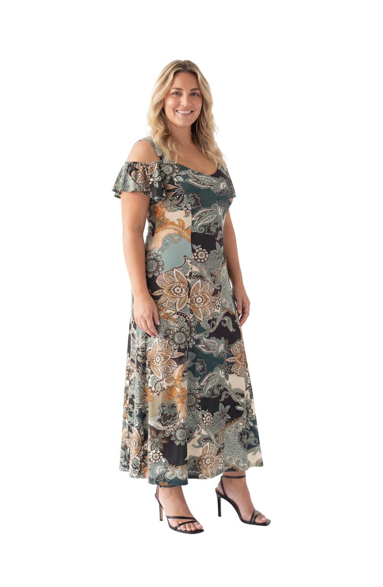 24seven Comfort Apparel Curvy Elevate Paisley Print Soft V-Neck Cold Sholder Ruffle Sleeve A-Line Maxi Dress, Alternate, color, Green Multi
