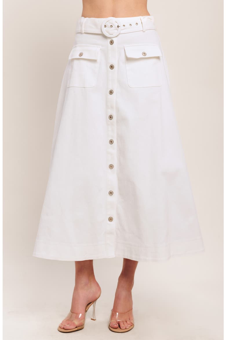 Belted Button Front Denim Midi Skirt, Main, color, WHITE DENIM