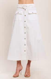 Belted Button Front Denim Midi Skirt