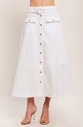 FLYING TOMATO Belted Button Front Denim Midi Skirt