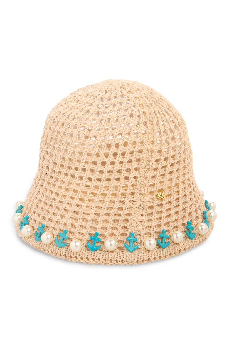 Maya Faux Pearl and Anchor Crochet Bucket Hat, Main, color, TURQUOISE IVORY