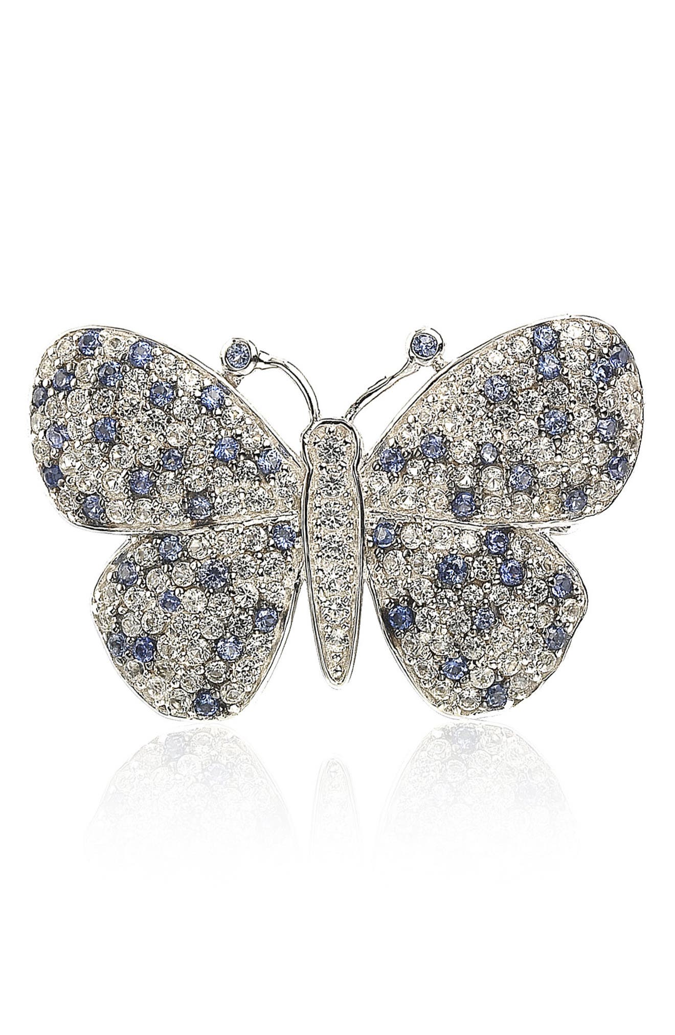 SUZY LEVIAN Sterling Silver Lab Grown White Sapphire & Blue Sapphire Butterfly Brooch Pendant Necklace
