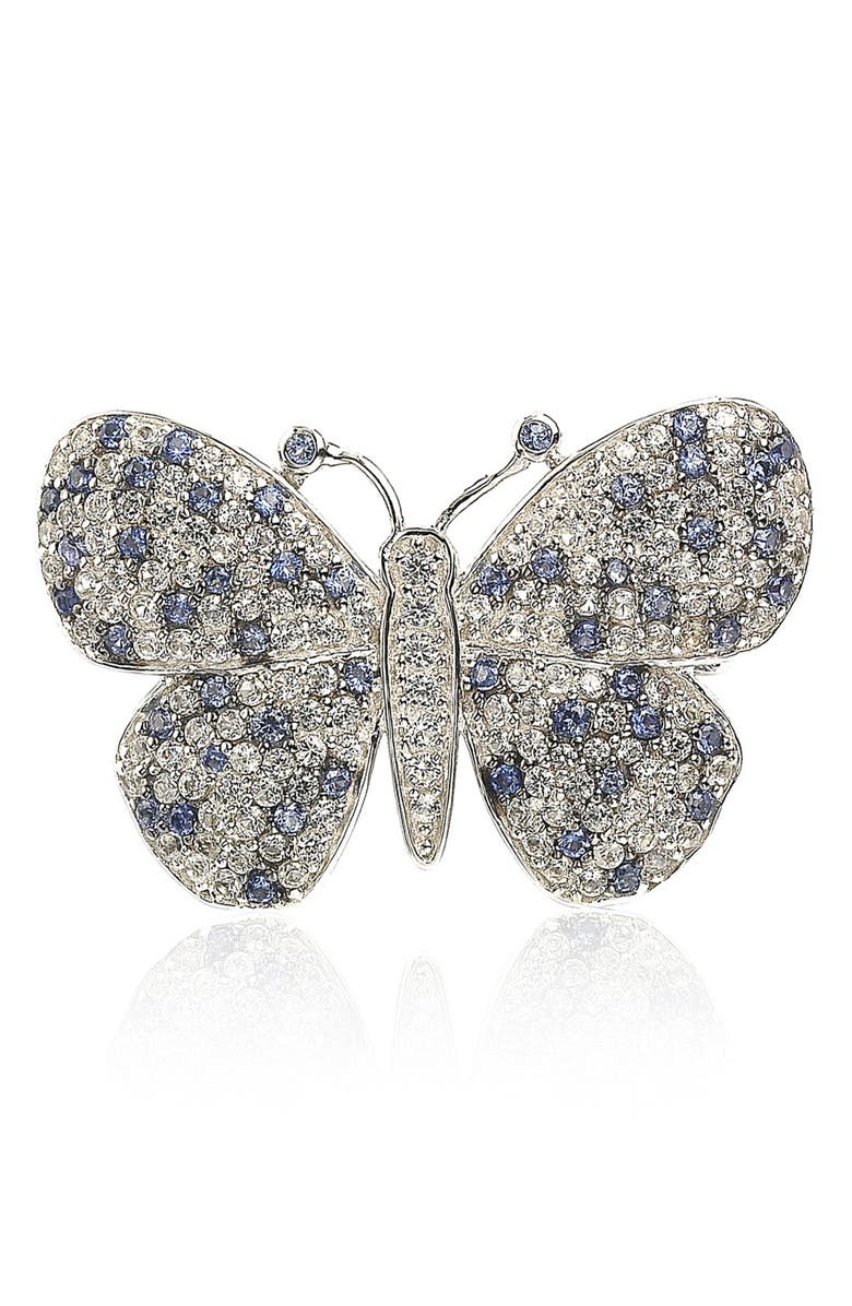 SUZY LEVIAN Sterling Silver Lab Grown White Sapphire & Blue Sapphire Butterfly Brooch Pendant Necklace, Main, color, Blue