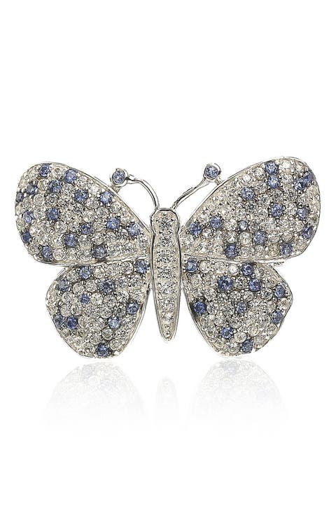 Sterling Silver Lab Grown White Sapphire & Blue Sapphire Butterfly Brooch Pendant Necklace
