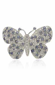 SUZY LEVIAN Sterling Silver Lab Grown White Sapphire & Blue Sapphire Butterfly Brooch Pendant Necklace