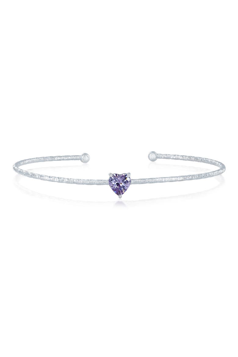 Birthstone Cubic Zirconia Heart Open Cuff Bracelet, Main, color, LAVENDER