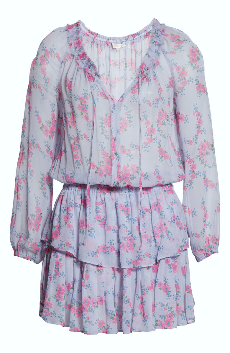 LoveShackFancy Floral Print Popover Long Sleeve Silk Minidress, Alternate, color, Wisteria Lilac