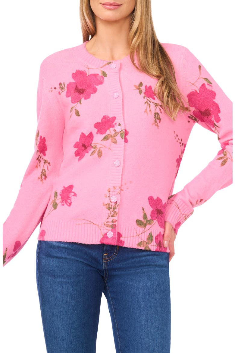 Blossom Print Crewneck Cardigan, Main, color, GIN FIZZ