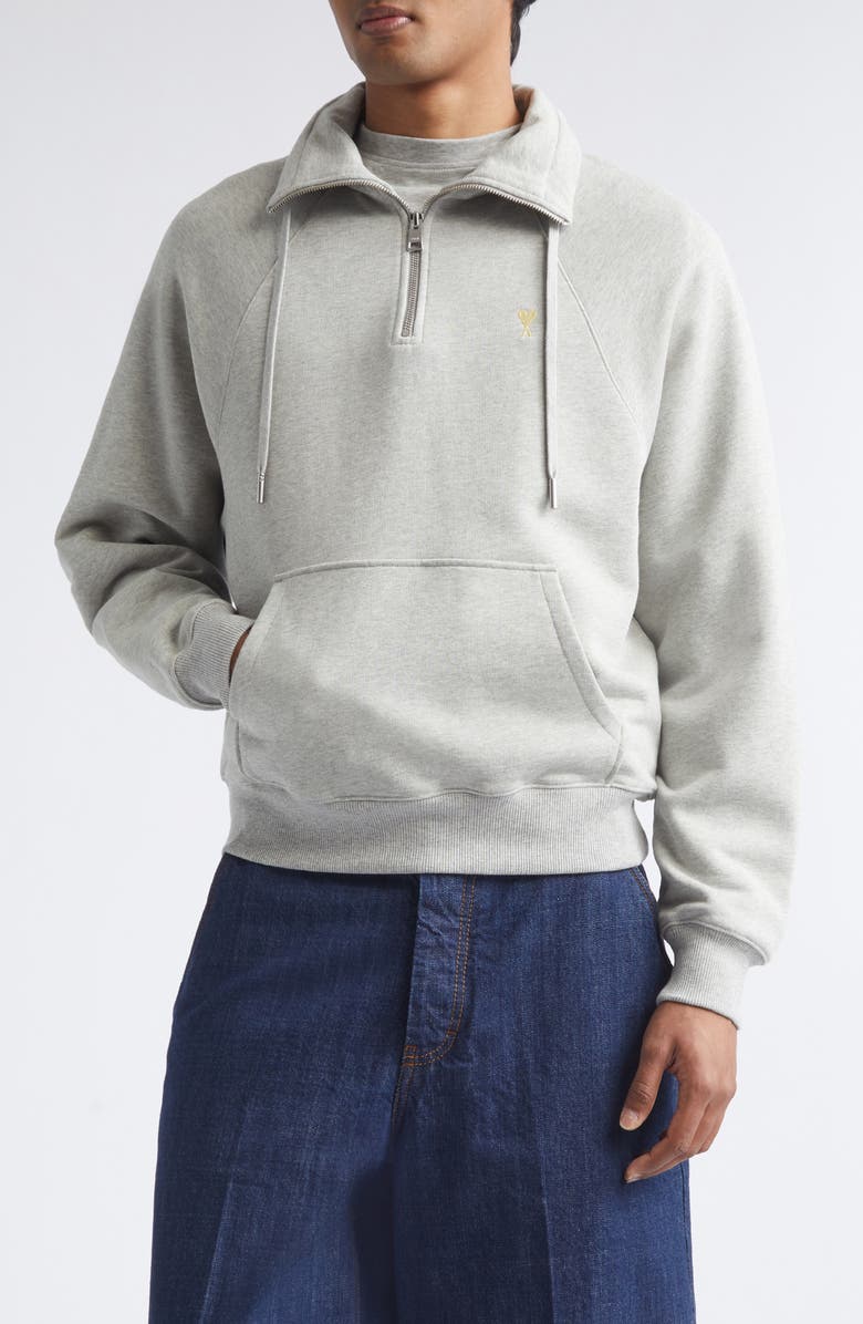 AMI PARIS Ami de Coeur Embroidered Quarter Zip Pullover, Main, color,