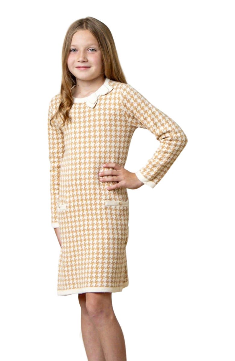 Hope & Henry Kids' Organic Long Sleeve Bow Detail Intarsia Sweater Dress, Main, color, Tan Houndstooth
